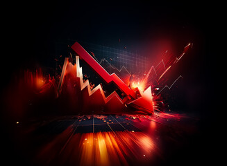 Leinwandbilder - A sharp red arrow plummets downwards on a graph, amidst fiery red light and dark backdrop, visually depicting a dramatic decline or downturn.