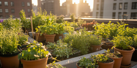 Wall Mural - Roof top farming organic garden with various vegetables, herbs and flowers. Cultivation of fresh produce on the top of buildings in major cities.