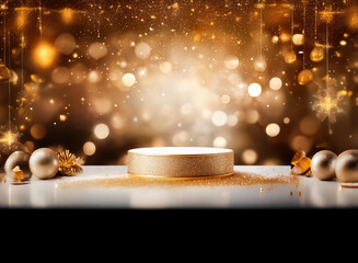 Aufkleber - Golden podium stands on a white surface adorned with golden ornaments, set against a backdrop of blurred golden lights and sparkles, creating a festive and elegant scene.