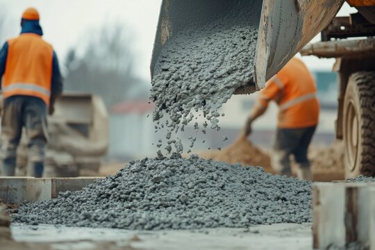 Concrete mixer truck pouring freshly mixed concrete at construction site urban environment action shot focused on industry work and process