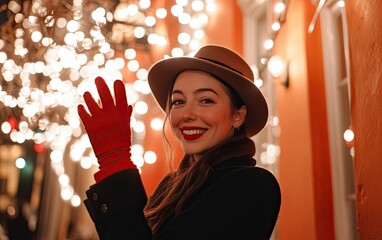 Wall Mural - A beautiful woman wearing red gloves and a hat, smiling at the camera while holding her hands over her head