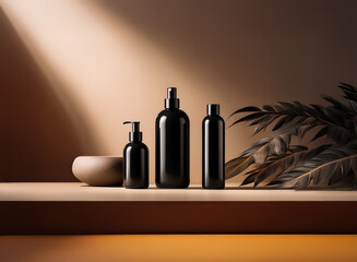 Poster - Elegant black bottles are showcased with a bowl and plant on a beige surface in soft light. A minimalist product display setting for cosmetics or liquids.
