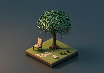 Poster - Low poly floating island featuring serene landscape with wooden chair, scattered stones, lush greenery creating tranquil outdoor meditation scene