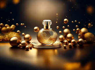 Poster - Elegant perfume bottle, adorned with golden swirls, sits amidst a scattering of lustrous golden spheres against a dark backdrop, evoking luxury and sophistication.