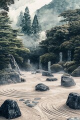 Poster - A serene Zen garden with carefully raked sand patterns, strategically placed rocks, and lush greenery set against misty mountains in the background
