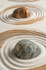 Poster - Stones of different colors are arranged on sand, creating circular patterns around them. This minimalist art evokes peace and harmony in a quiet environment