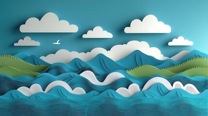 Poster - Abstract background with paper-cut waves in teal and white, flat design, geometric shapes, flowing lines, soft gradients, high resolution, Copy space