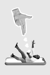 Leinwandbilder - Creative 3d artwork collage photo of young excited student blogger guy falling down inside phone screen popularity isolated on yellow background
