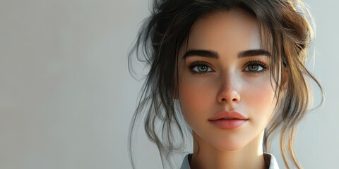 young woman with natural beauty and soft features poses against a light background in a serene setti