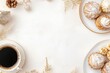 © Odrua Design - Xícara de café elegante com detalhes dourados, acompanhada de doces e decorações festivas em fundo branco, criada com IA generativa para um visual sofisticado e convidativo
