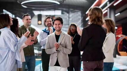Poster - Happy Worker Team In Office Congratulating Employee