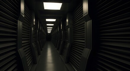 Fototapete - Dark futuristic corridor interior design modern architecture empty space black metal walls long narrow passageway industrial style room clean minimalist