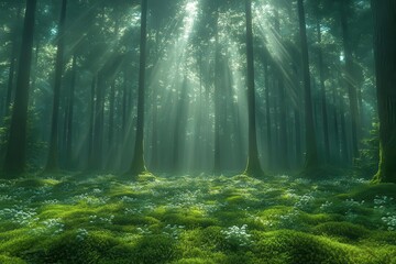 Wall Mural - misty ancient forest clearing bathed in ethereal morning light towering mosscovered trees creating natural cathedral effect