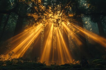 Wall Mural - misty dawn in ancient redwood forest ethereal golden light filtering through towering trees mosscovered stones mystical atmosphere