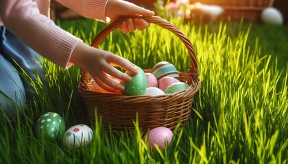 Wall Mural - Wicker Basket of Eggs in the Grass with a Child’s Hand