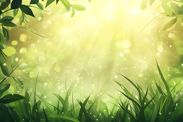 Serene Green Escape: Sun-Kissed Grass and Leafy Frame in a Tranquil Natural Setting, Evoking Peace and Renewal