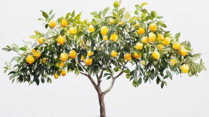 Wall Mural - Lemon tree laden with fruit, isolated, white background, food and drink imagery