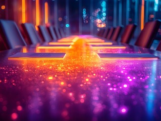 Poster - radiant business meeting table with glowing holograms of obstacles discussed