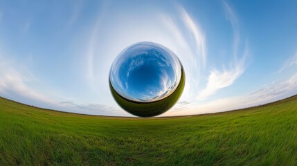 Canvas Print - A surreal landscape featuring a distorted reflective sphere merging with vibrant green grass and a blue sky, ideal for creative projects, digital art, or nature-themed designs,