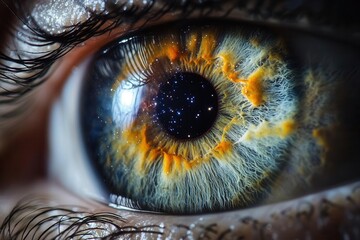 Wall Mural - cosmic eye macro with galaxy reflection, featuring swirling nebulae and stars within human iris on deep black background