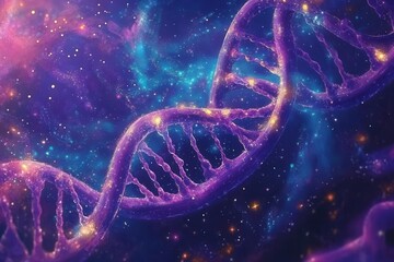 Wall Mural - cosmic genesis artwork depicting swirling galaxies, luminous dna strands, and ethereal nebulae in vibrant purples and blues with golden stardust