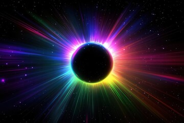 Wall Mural - cosmic phenomenon with electric neon corona, multicolored light rays pierce darkness around black sphere, celestial spectacle in starlit void