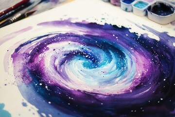 Wall Mural - cosmic nebula watercolor galaxy swirling with deep purples and teals on textured paper