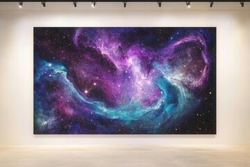 Wall Mural - cosmic vista featuring swirling nebulae in vibrant purples and teals, with glittering stars and distant galaxies, rendered in photorealistic detail with ethereal lighting