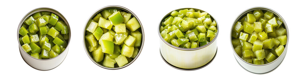 Wall Mural - Fresh Green Diced Apples in Metal Cans, isolated on transparent background.