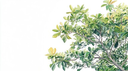 Lush green tree branch, isolated, white background, nature design