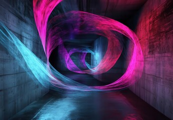 Poster - An abstract image showcasing vibrant light trails swirling in a dark tunnel. The interplay of colors creates a mesmerizing visual effect.