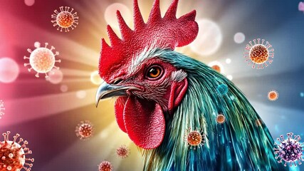 Poster - Eye-catching rooster against a vibrant background with abstract virus representations