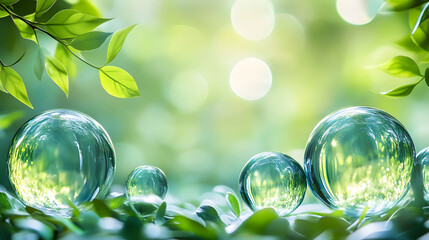 Poster - Delicate green leaves and shimmering bubbles in soft light