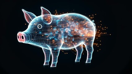 Poster - 3D representation of a digital pig illuminated by glowing particles in a dark background