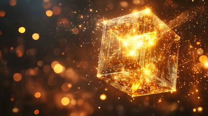 Poster - Glowing geometric shape with sparkling particles in a dark background