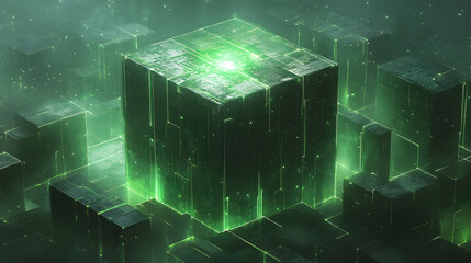 Aufkleber - Futuristic green digital cube in a misty landscape