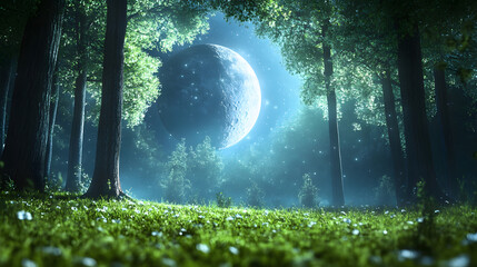 Poster - A mystical forest illuminated by a glowing moonlight