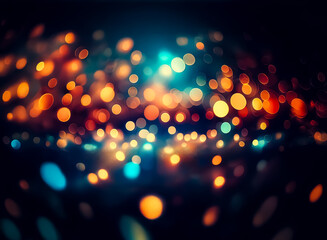 Canvas Print - Abstract bokeh lights with warm orange and yellow tones against a dark blue background creating a dreamy and festive atmosphere.