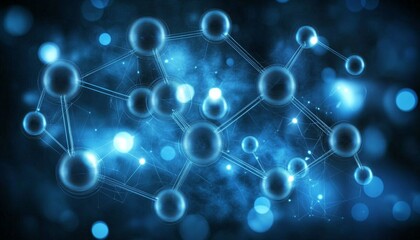 Poster - Glowing Blue Nodes Forming Dynamic Network, Abstract Interconnection and 3D Rendering Image