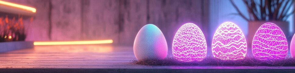 Poster - a dark background showcases colorful easter eggs with glowing lines, waves, and lights, symbolizing 