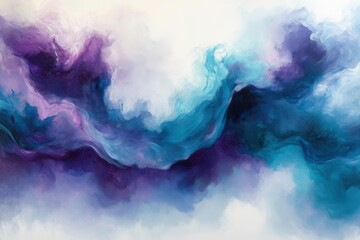 Wall Mural - ethereal cosmic clouds in deep purples and teals, swirling like liquid silk against stark white, creating an organic abstract formation with depth and movement