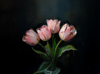 Wall Mural - Pink tulips bloom against a dark backdrop, their delicate petals and green leaves creating a beautiful floral still life. Moody and elegant.