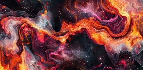 Fototapete - A dark purple gradient background illuminated by glowing red and orange nebulae, interspersed with a swirling, wavy red and orange smoke effect, a banner, and delicate wave-like patterns, embodying a