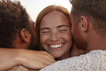 A diverse group of friends embraces in a big group hug, smiling and laughing. They are happy to be combined together.