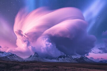 Wall Mural - ethereal purple and pink cotton candy clouds swirling in twilight sky with sparkling stars and aurora borealis, dreamlike atmosphere
