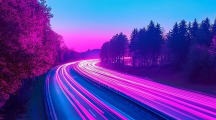 Poster - Graceful arcs and lines are shaped by blue light trails moving down the road