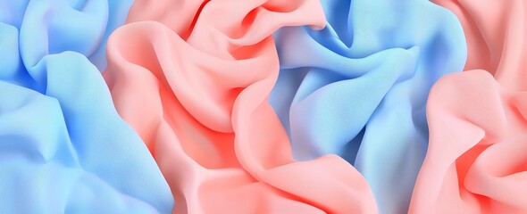 Poster - An abstract background with fluid, wavy lines in pink and blue, highlighted by a close-up view of colorful patterns and silk fabric against a blue backdrop