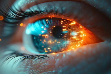 Poster - In the darkness of tech space, a cyborg eye, either of a hacker or AI robot, views the digital world, symbolizing cyber security, technology, future, data, stock, hacking, and networks.