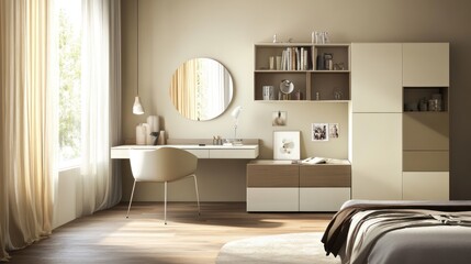 Wall Mural - Modern bedroom vanity, storage, sunlight, design, interior