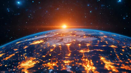 Poster - A satellite view of Earth at night, showcasing glowing city lights and global connectivity